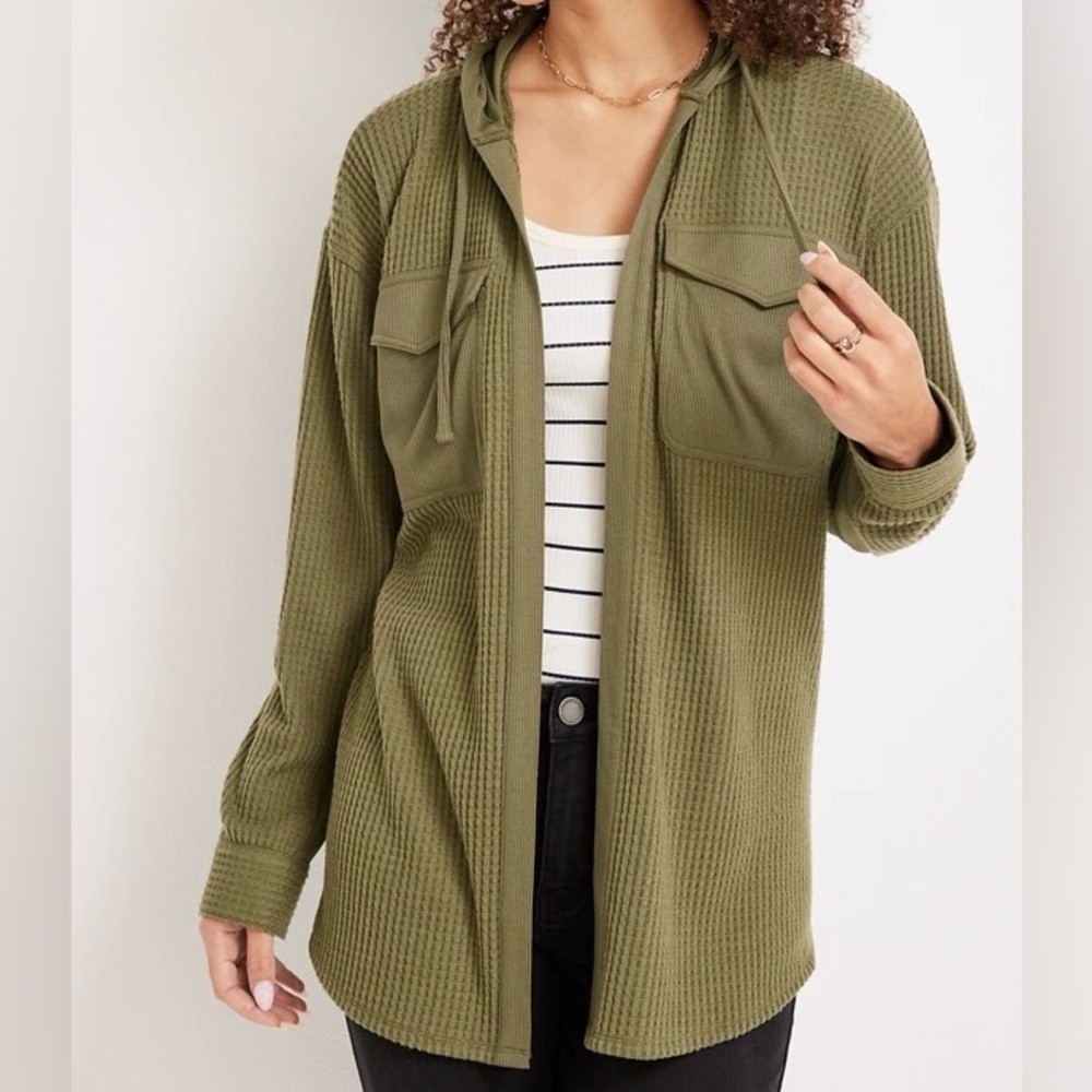 Maurices Hooded Waffle Knit Cardigan Solid Olive Green Open Small Women’s